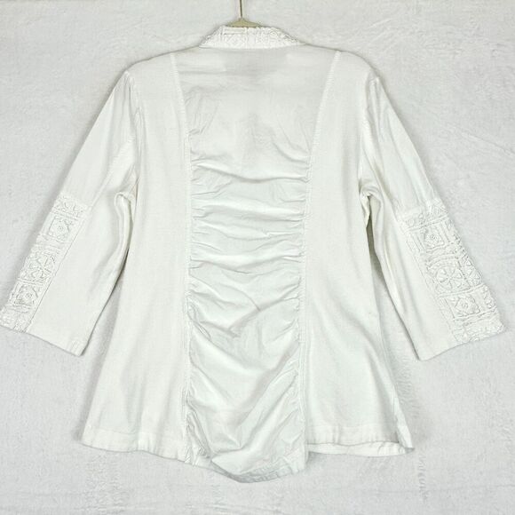 XCVI Crochet Full Zip Jacket Size Large White Cotton Boho 3/4 Sleeve Lightweight - Picture 2 of 7